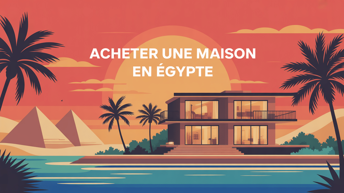 illustration maison en egypte mer palmiers pyramides