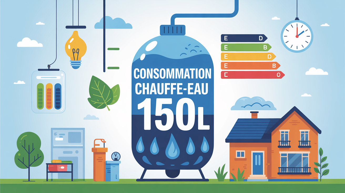 Illustration consommation kwh chauffe-eau 150l par jour, ballon intelligent, maison et économie d'énergie