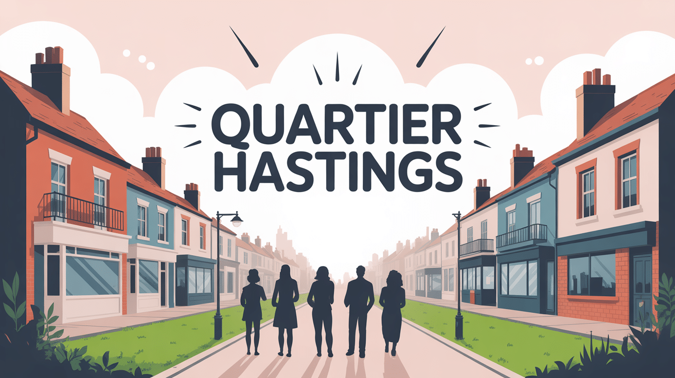 illustration stylisée du quartier Hastings avec maisons, commerces et habitants