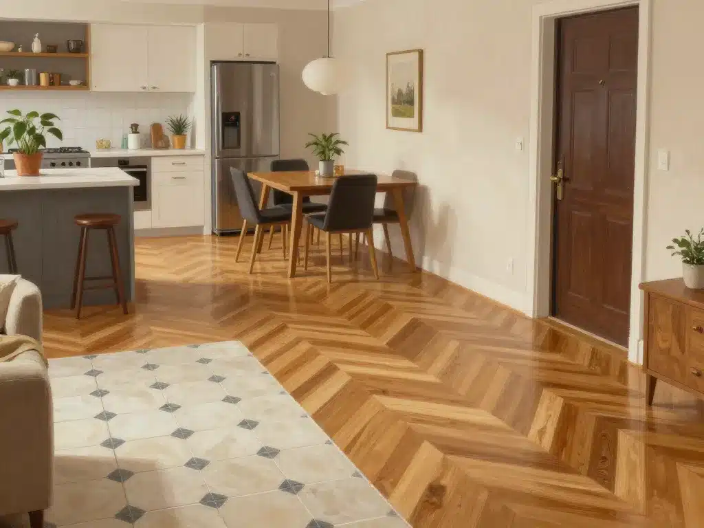 sol melange parquet et carrelage dans une pièce à vivre moderne