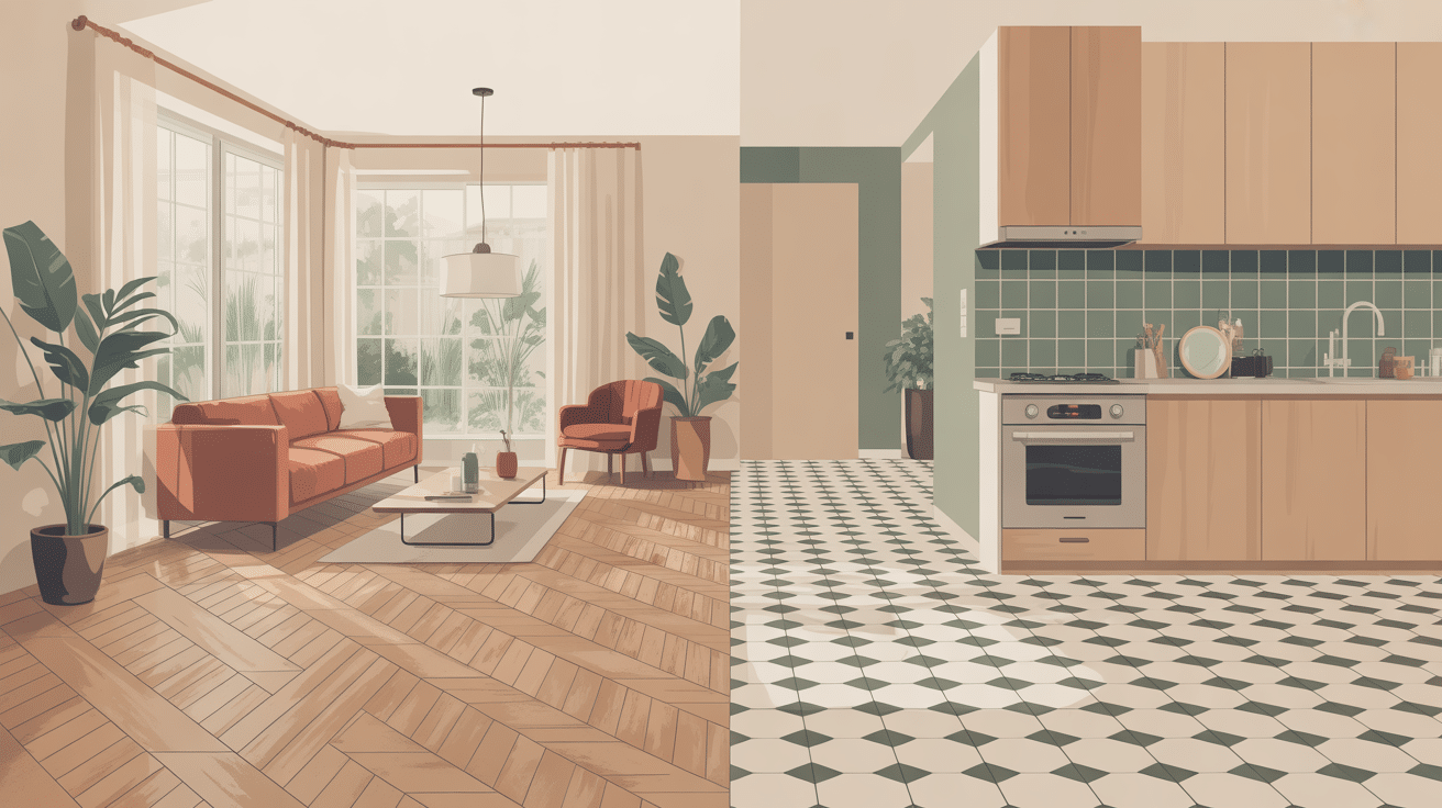 sol melange parquet et carrelage dans un intérieur design