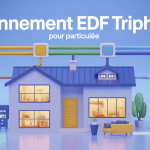 Abonnement EDF triphasé tarif, maison stylisée avec réseau électrique trois phases