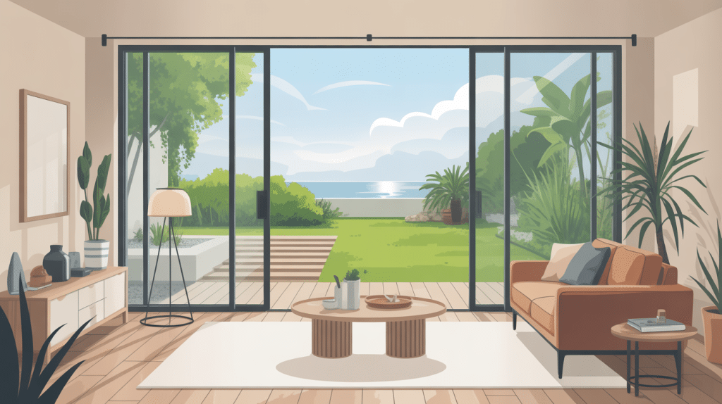 Illustration baie vitrée fixe moderne, intérieur lumineux