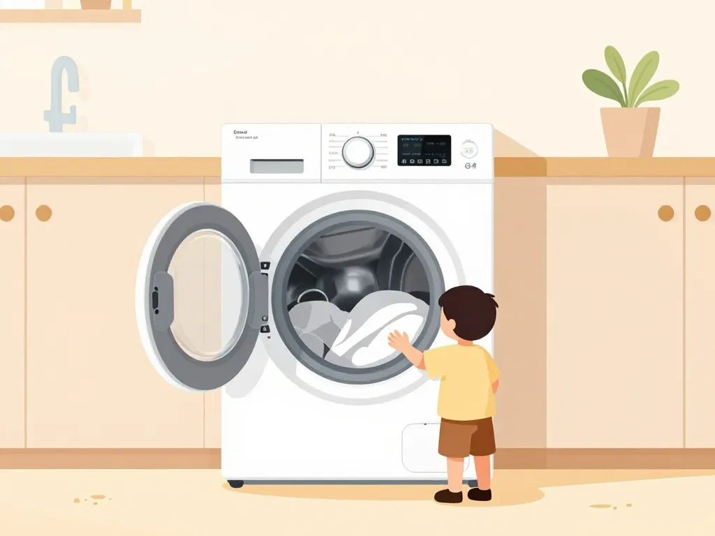Famille utilisant lave linge top Siemens dans petit appartement