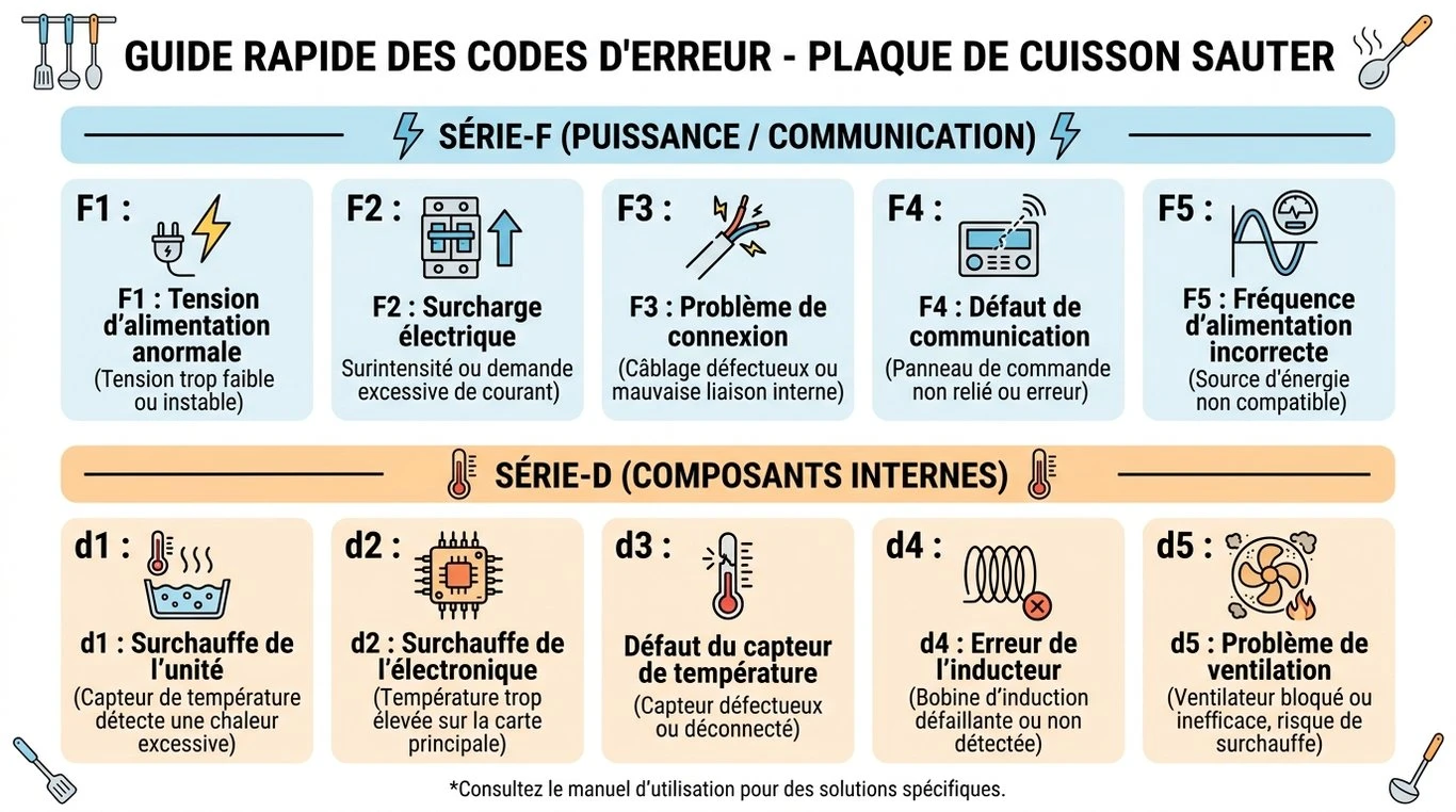 Infographie récapitulative des codes erreurs pour plaques à induction Sauter