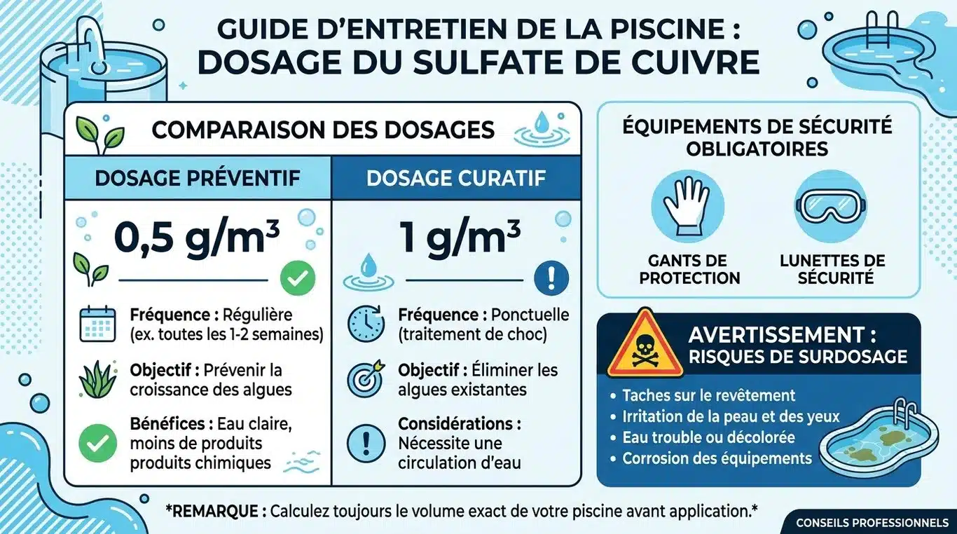 Infographie récapitulative des dosages et consignes de sécurité pour le sulfate de cuivre en piscine