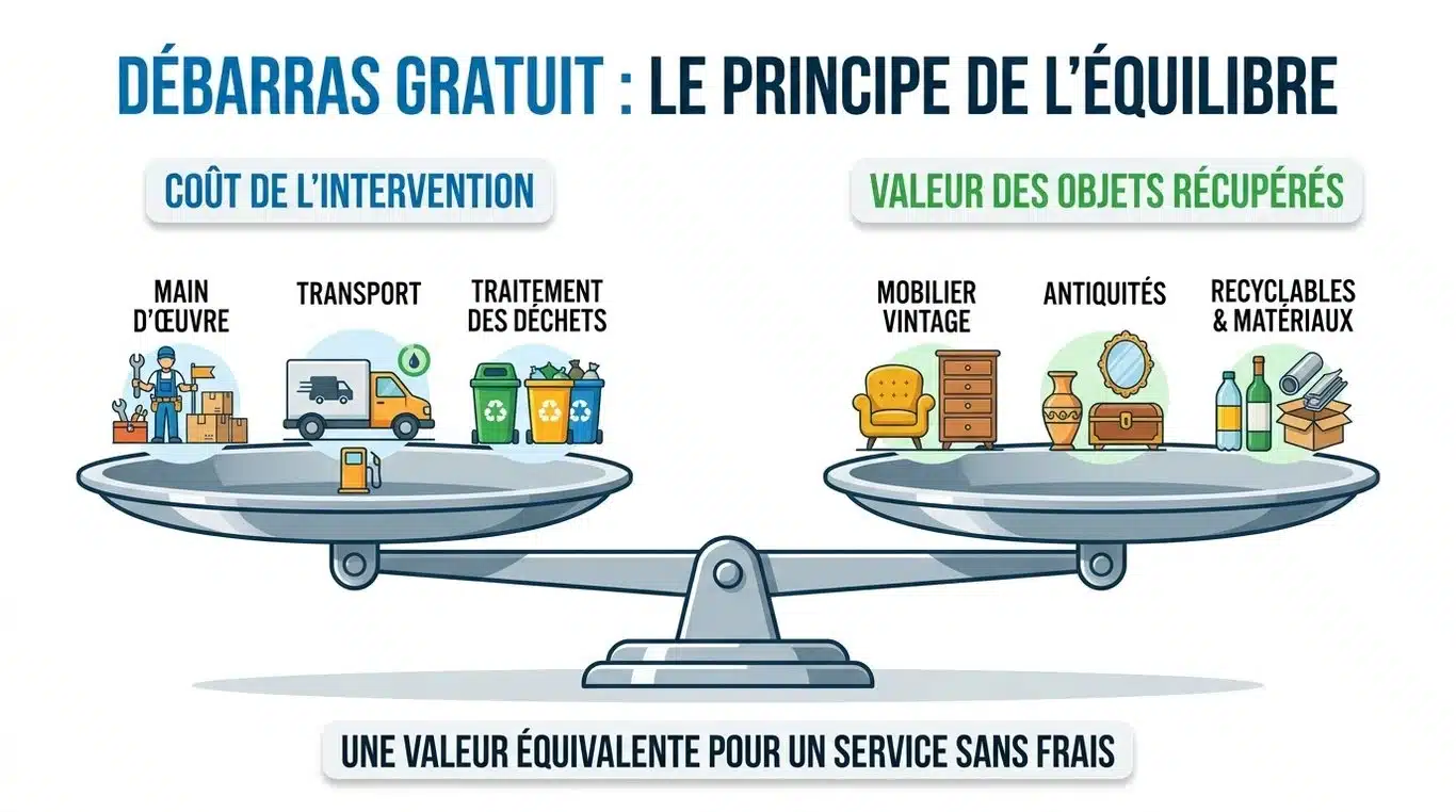 Infographie illustrant le principe de la balance financière pour un débarras gratuit