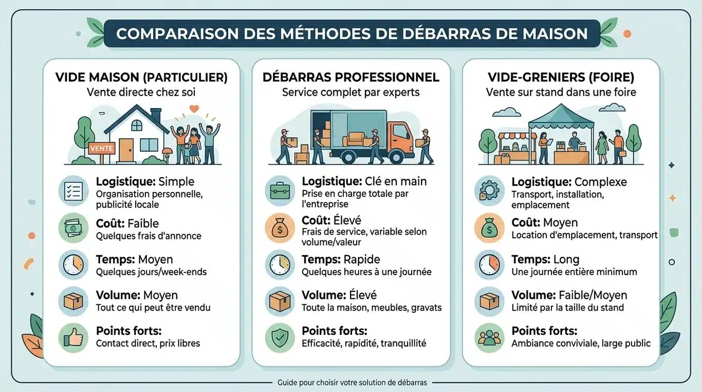 Infographie comparative des solutions de débarras : Vide maison, professionnel et vide-greniers