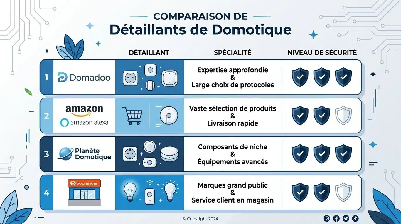 Infographie comparative des alternatives fiables à Domotique Store pour vos achats domotiques