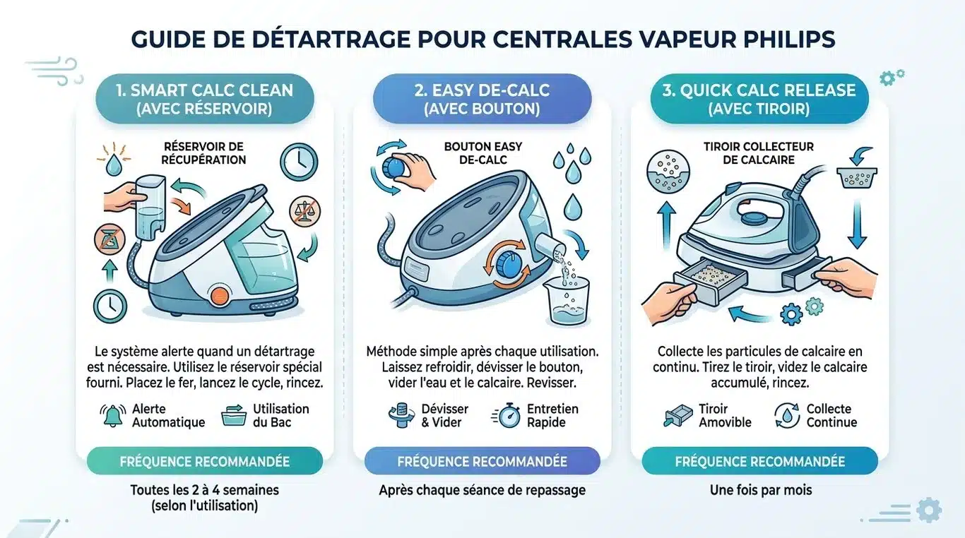 Infographie comparative des méthodes de détartrage pour centrales vapeur Philips