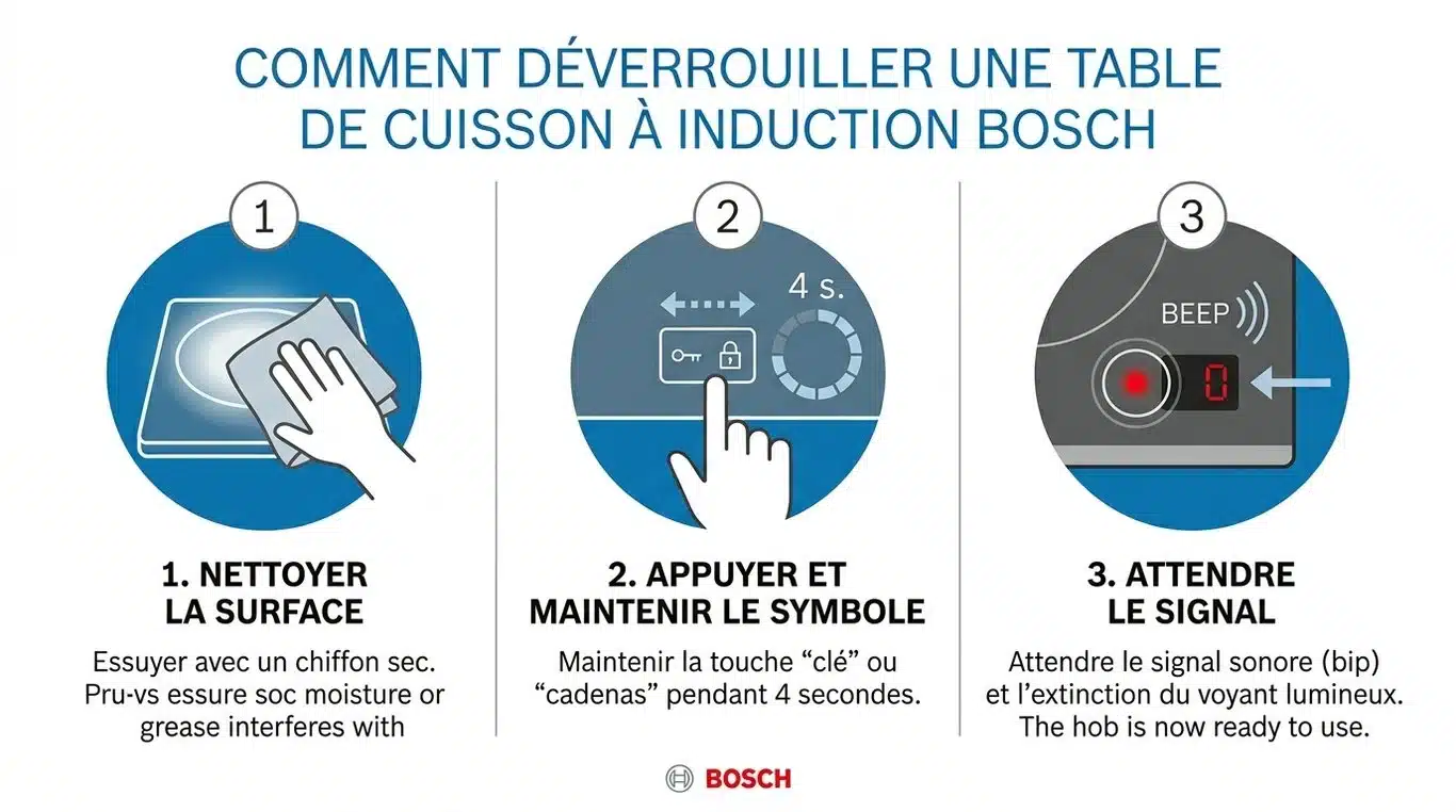 Infographie : étapes pour déverrouiller une plaque de cuisson Bosch