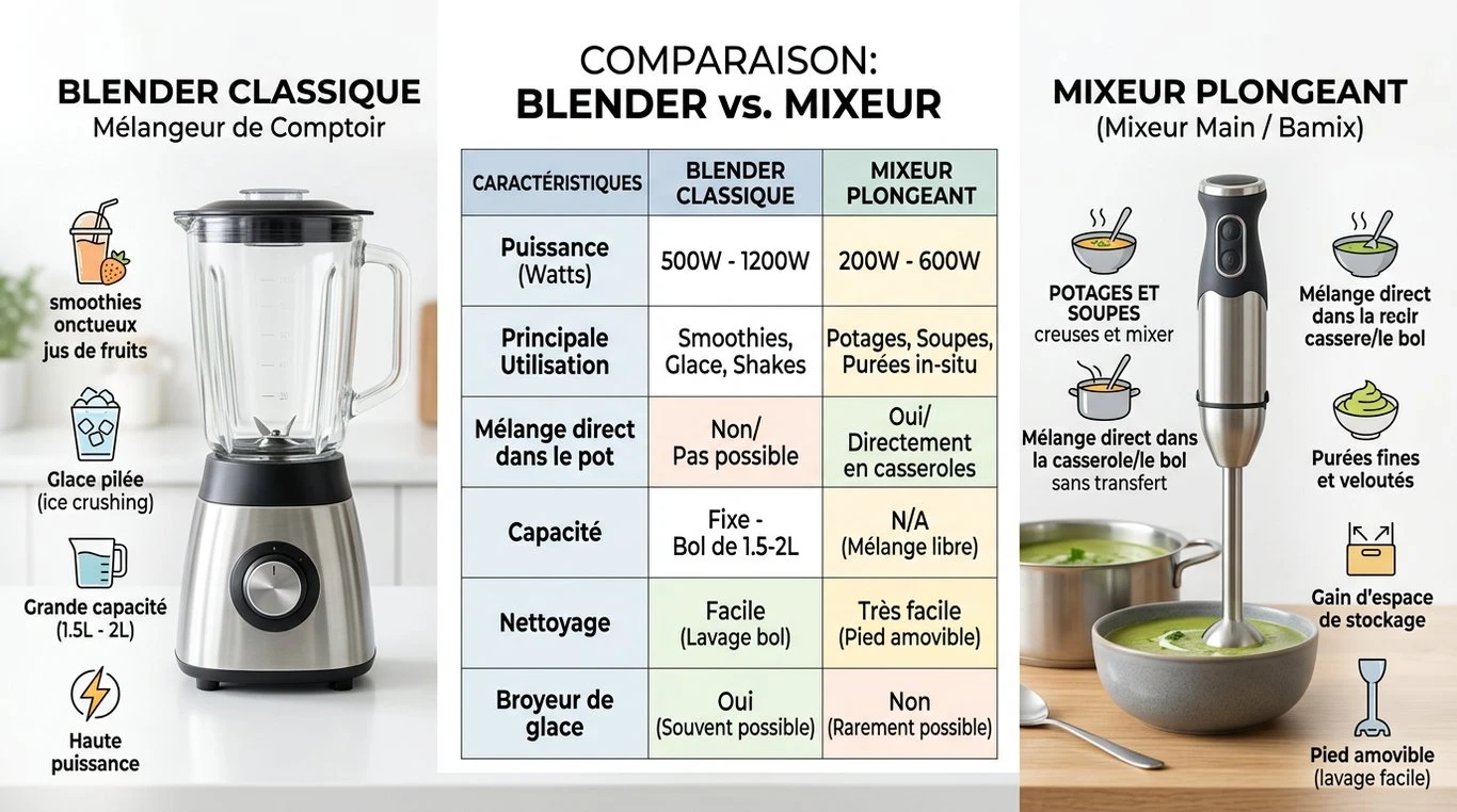 Infographie comparative entre un blender classique et un mixeur plongeant