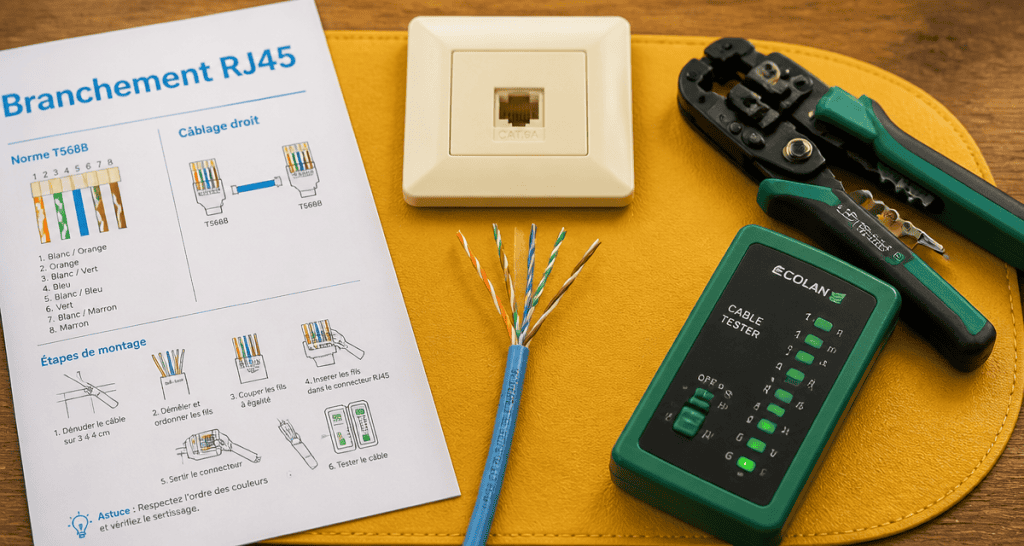 branchement rj45 câble dénudé prise murale outils