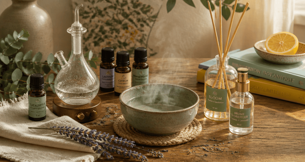 comment diffuser huile essentielle sans appareil sur table en bois