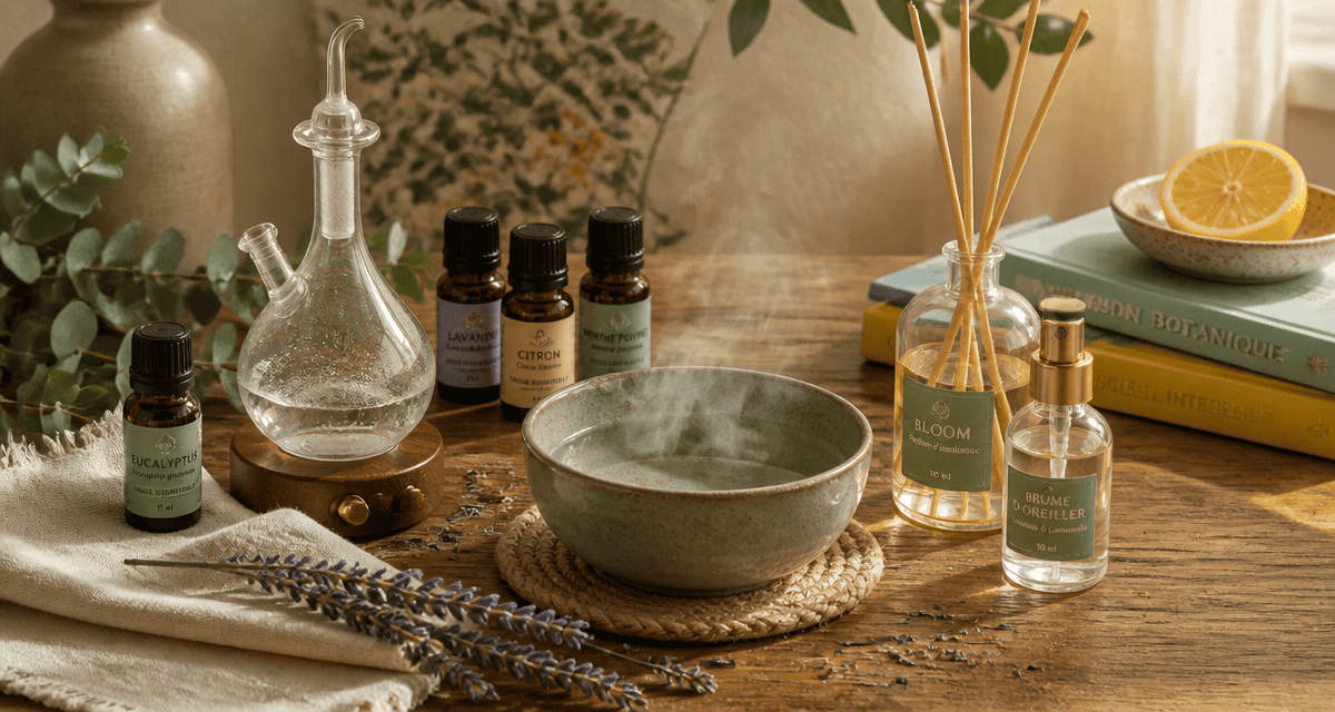 comment diffuser huile essentielle sans appareil sur table en bois
