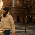 Femme en doudoune veste crème passage piéton