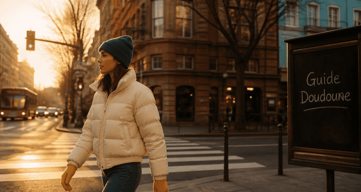 Femme en doudoune veste crème passage piéton