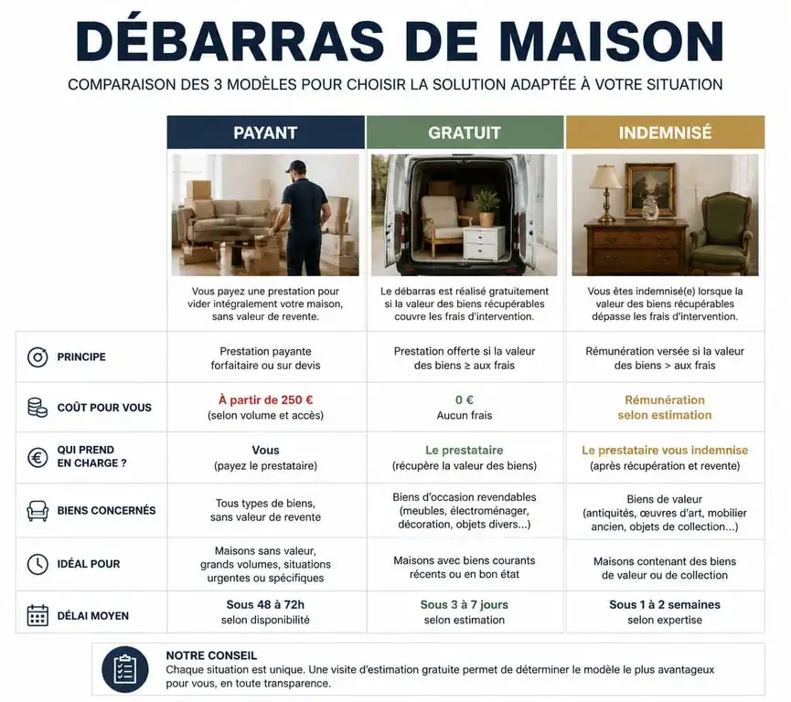 Infographie comparative des trois solutions de débarras maison : payant, gratuit et indemnisé.