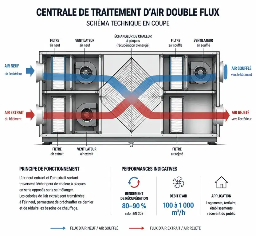 Schéma de fonctionnement d'une centrale de traitement d'air double flux