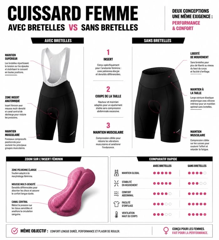 Comparatif technique des cuissards vélo pour femme : modèles avec bretelles versus sans bretelles pour le confort cycliste