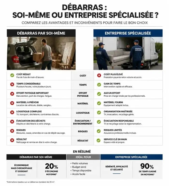 Infographie comparative : débarras maison par soi-même ou professionnel