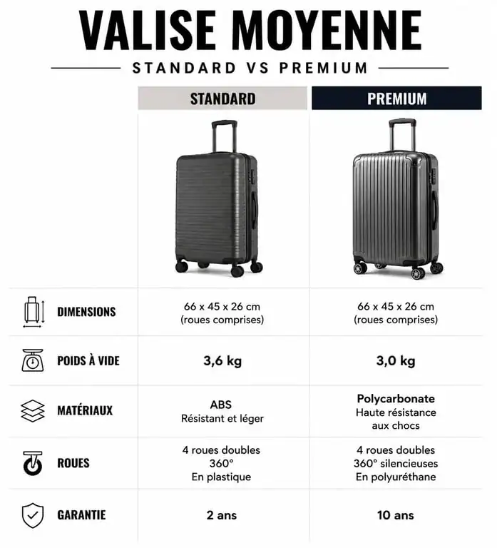 Comparatif technique valise moyenne standard vs premium