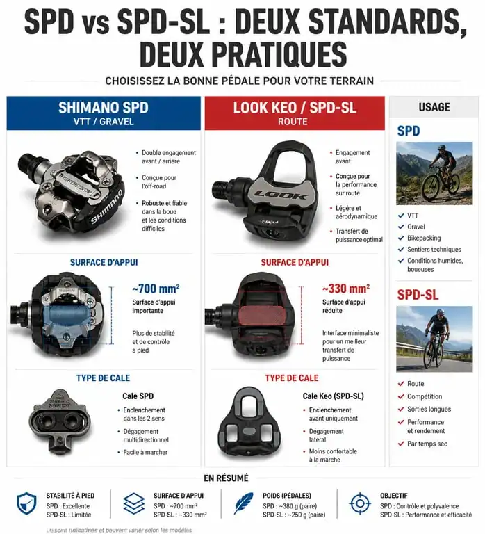 Infographie comparative des standards de pédales vélo : SPD vs SPD-SL