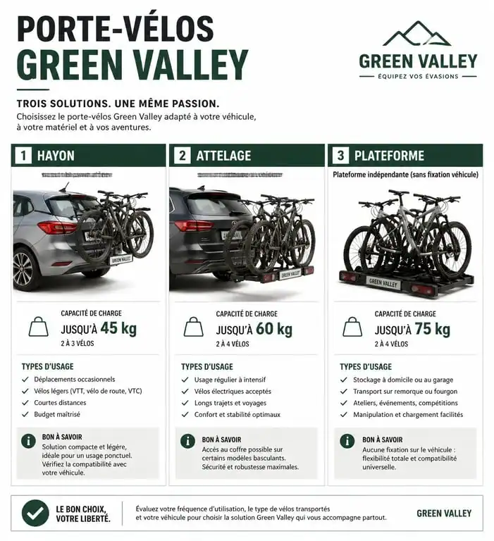 Comparatif des modèles de porte-vélos Green Valley : hayon, attelage et plateforme