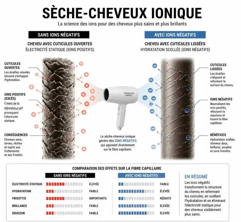 Schéma explicatif du fonctionnement d'un sèche-cheveux ionique sur la fibre capillaire