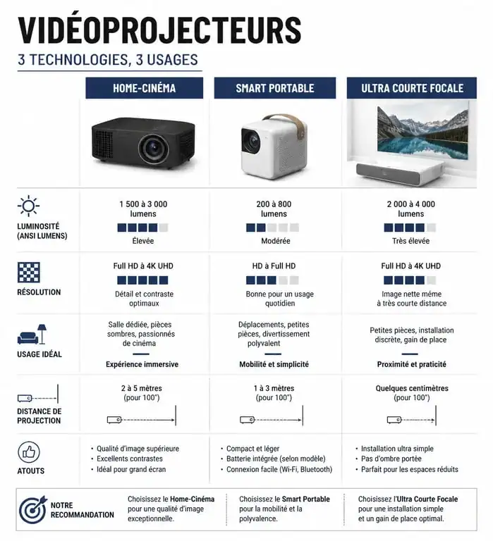 Infographie comparative des types de vidéoprojecteurs pour choisir le meilleur projecteur qualité prix