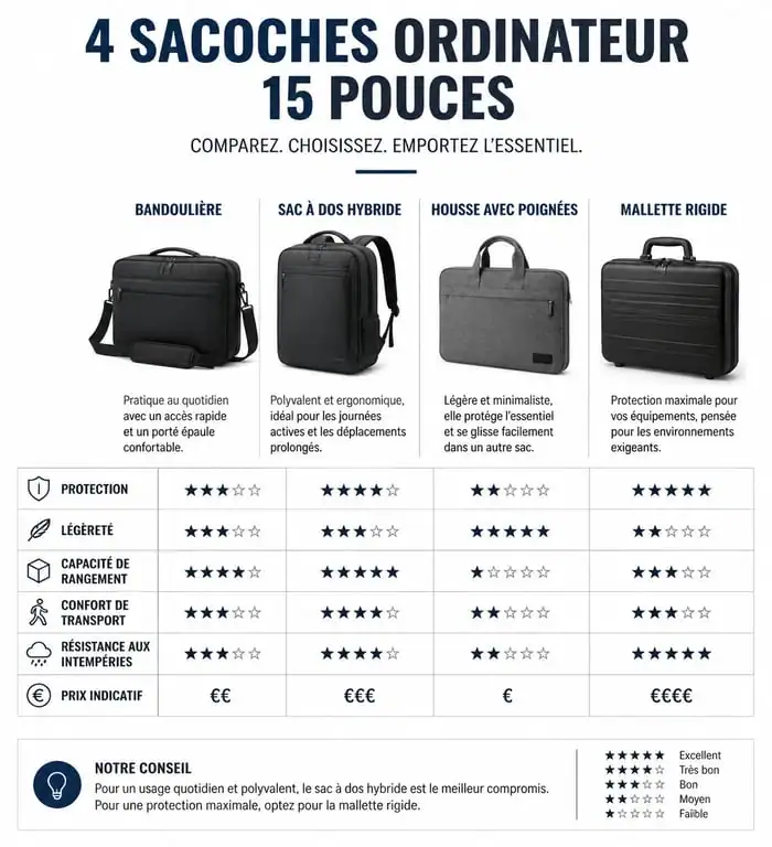 Comparatif des types de sacoches pour ordinateur 15 pouces : bandoulière, sac à dos, housse et mallette.