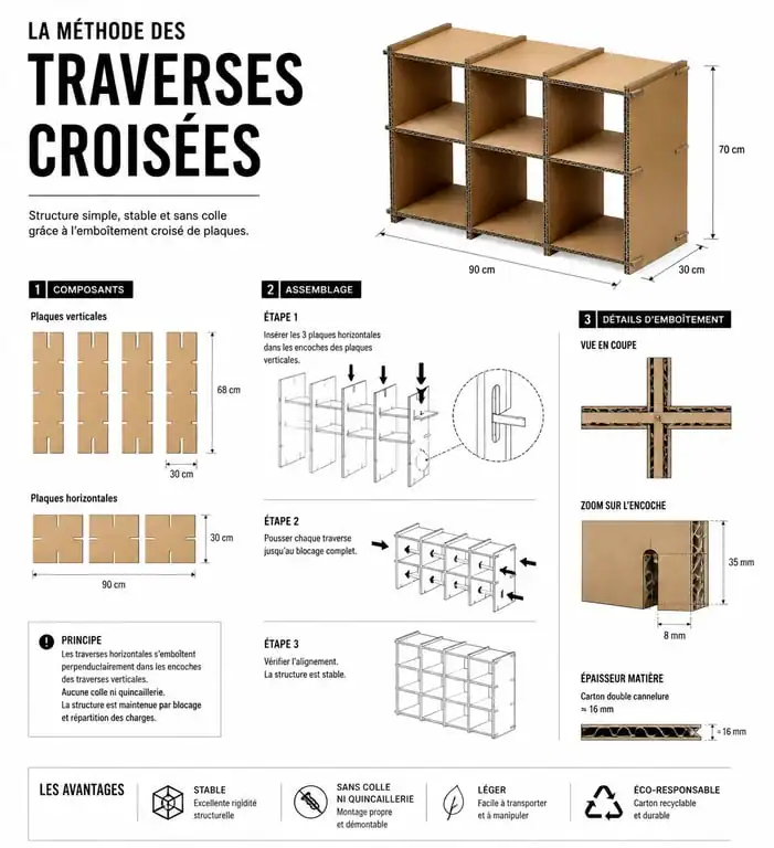 Technique d'assemblage par traverses croisées pour la fabrication de meuble en carton