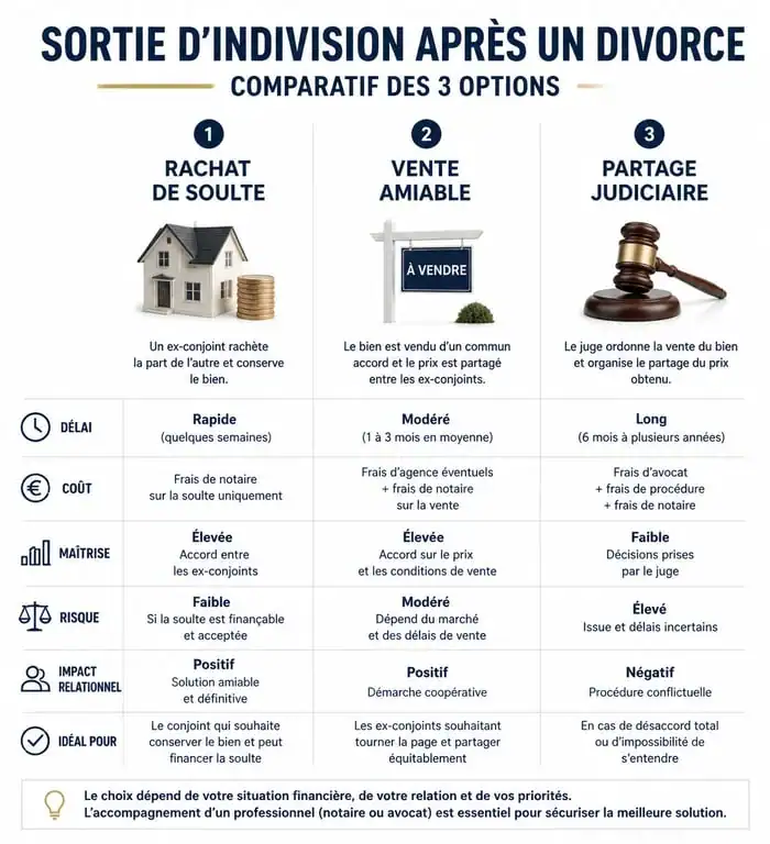 Comparatif des options de sortie d'indivision et divorce : rachat, vente ou partage judiciaire