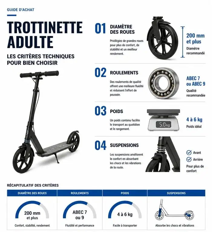 Infographie des critères techniques pour choisir une trottinette adulte : roues, roulements et poids.