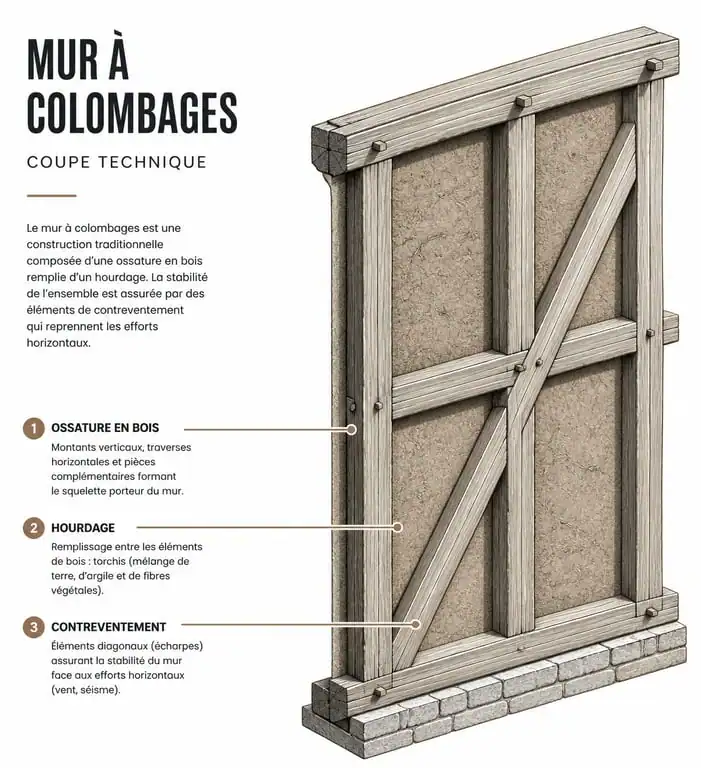 Schéma technique de la structure d'une maison à colombages