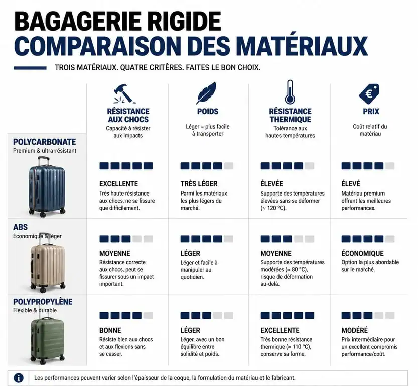 Comparatif des matériaux de valises : Polycarbonate, ABS et Polypropylène pour choisir son bagage