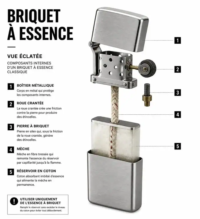 Schéma technique de l'anatomie d'un briquet à essence : mèche, pierre et réservoir