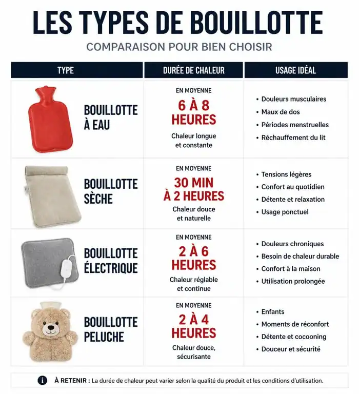 Infographie comparative des types de bouillottes pour savoir où acheter une bouillotte adaptée à vos besoins