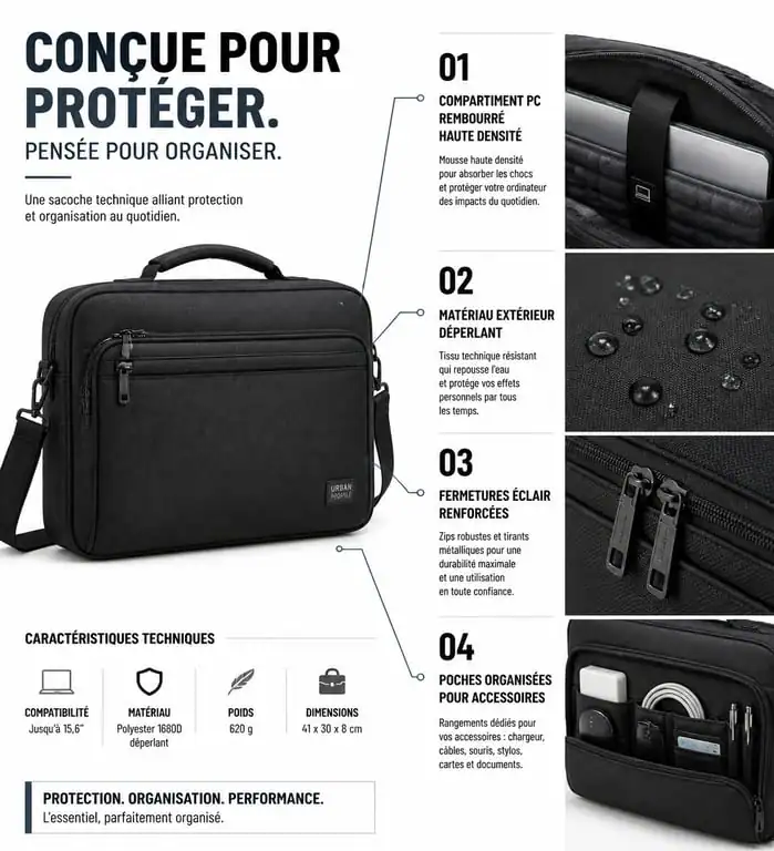 Infographie des caractéristiques techniques d'une sacoche pour ordinateur portable de qualité