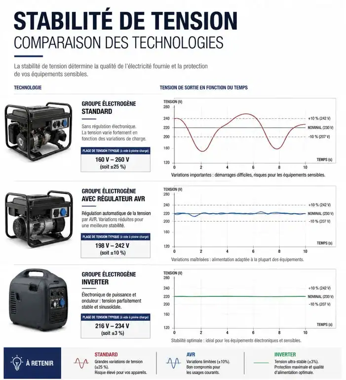 Comparatif des technologies de régulation de tension pour groupe électrogène de chantier : Standard, AVR et Inverter
