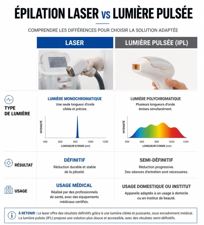 Infographie comparative entre l'épilation définitive au laser et la lumière pulsée pour comprendre les différences d'efficacité.