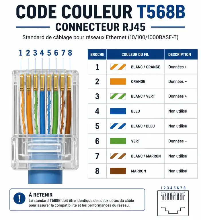 Schéma du code couleur T568B pour le branchement RJ45