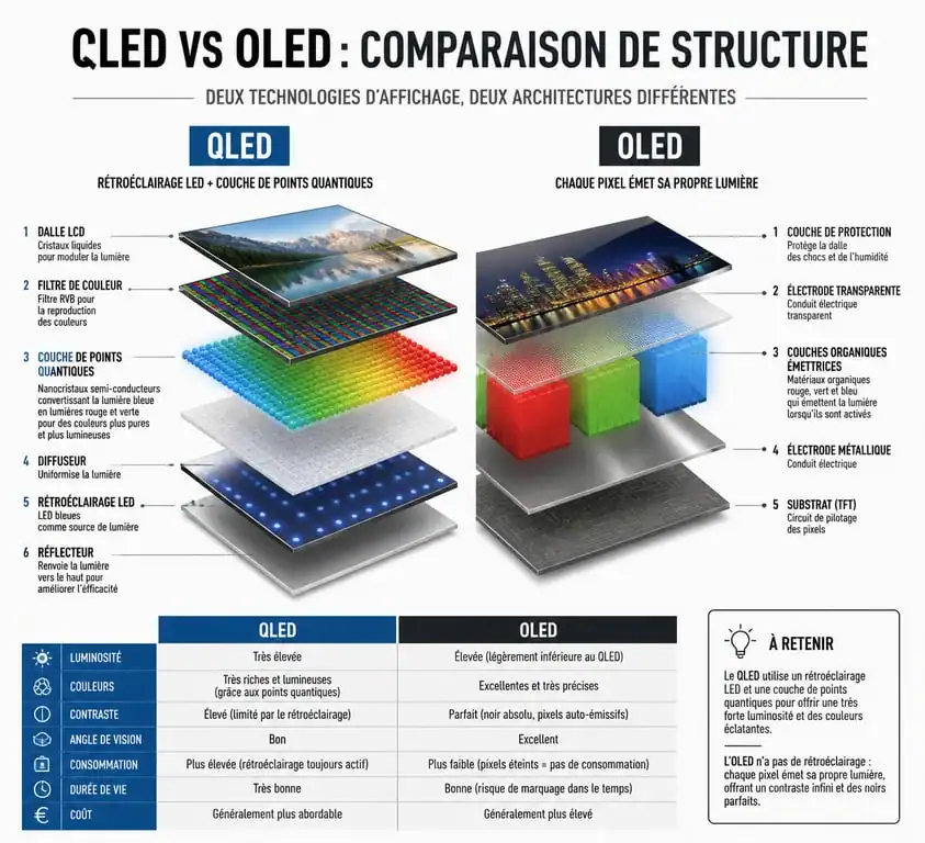 Schéma comparatif de la technologie QLED et OLED pour comprendre le fonctionnement des points quantiques