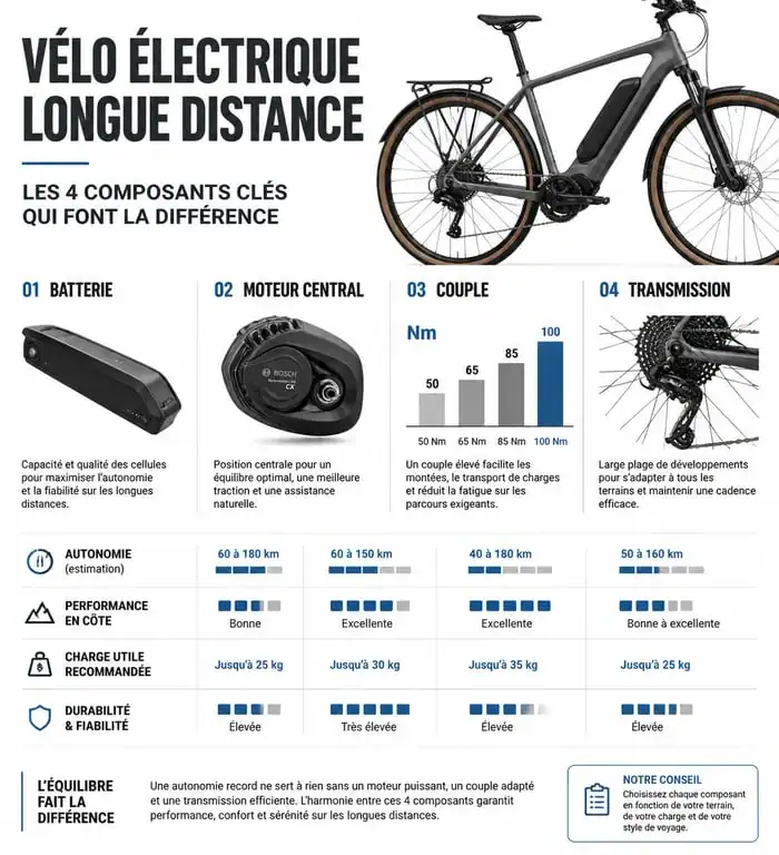 Comparatif des composants techniques pour vélo électrique longue distance