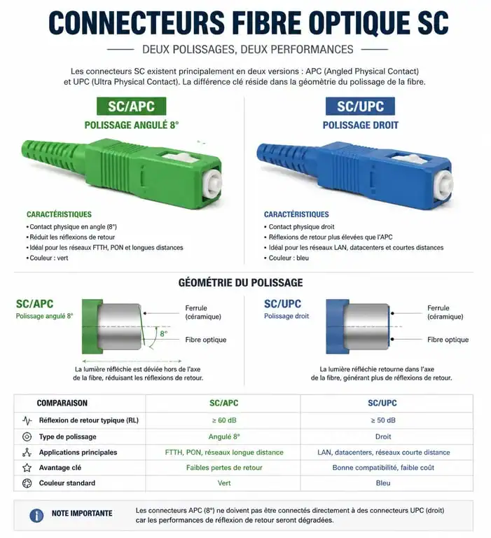 Comparatif visuel des connecteurs de prise fibre optique SC/APC et SC/UPC