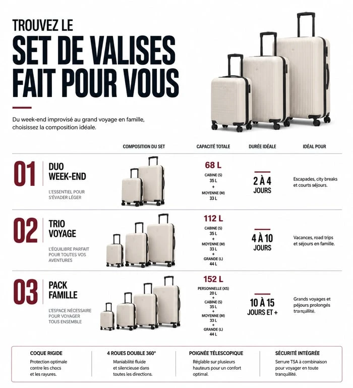 Infographie comparative des compositions de set de valise pour choisir son équipement de voyage
