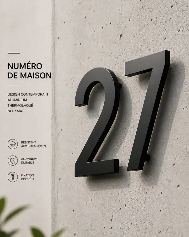 Numéro de maison design en aluminium noir mat sur façade moderne