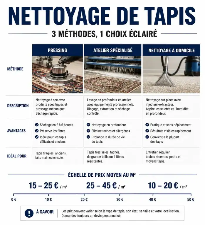 Infographie comparative des méthodes et tarifs pour faire nettoyer un tapis professionnellement