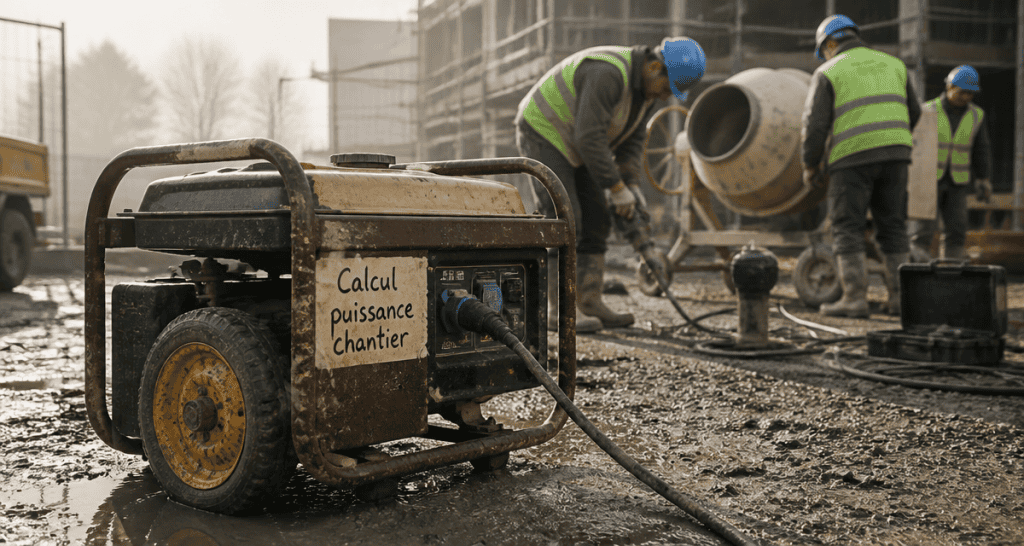 groupe electrogene chantier avec ouvriers et outils