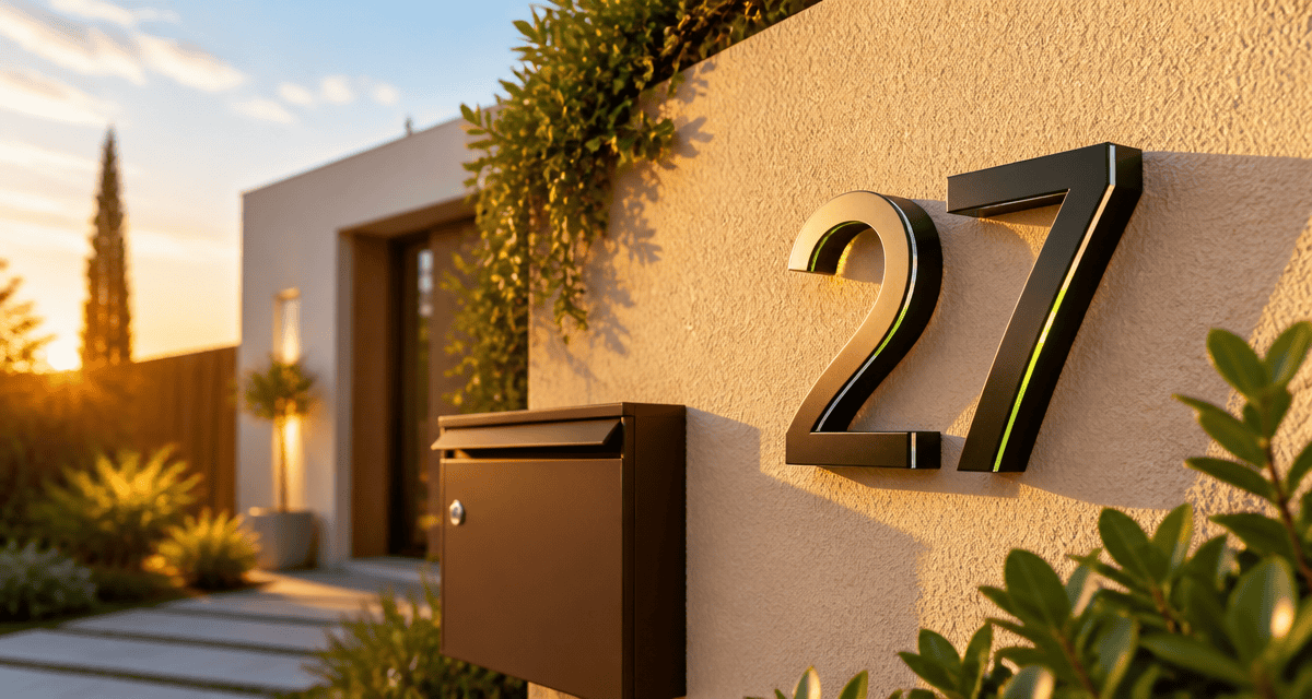 Numero de maison design aluminium noir sur façade crépi